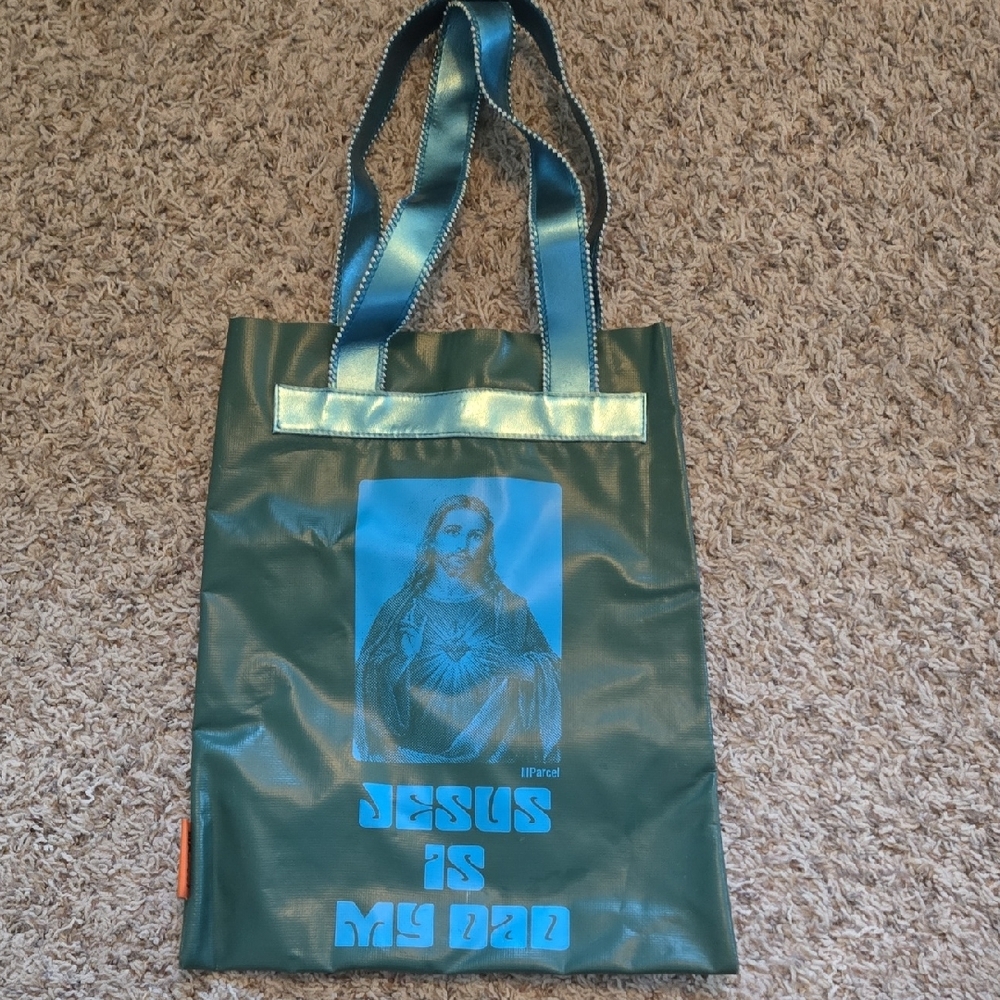 Blue and Green Glossy Tote Bag with Graphic Design